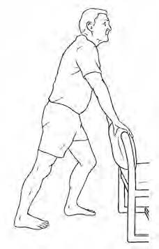 Illustration of a man performing a calf muscle stretch while leaning his hands on the back of a chair.