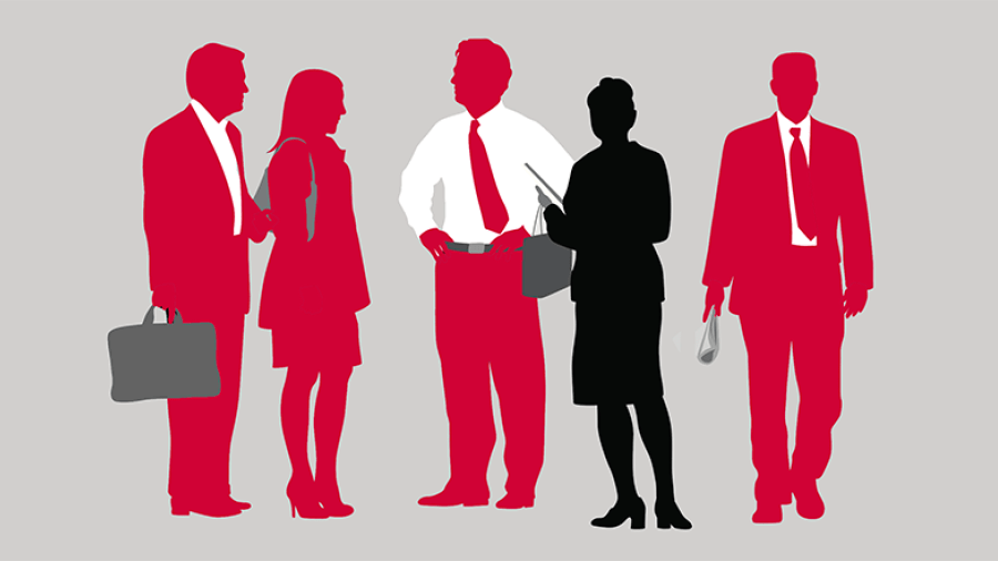 Illustration of five people. One of them is coloured distinctively.