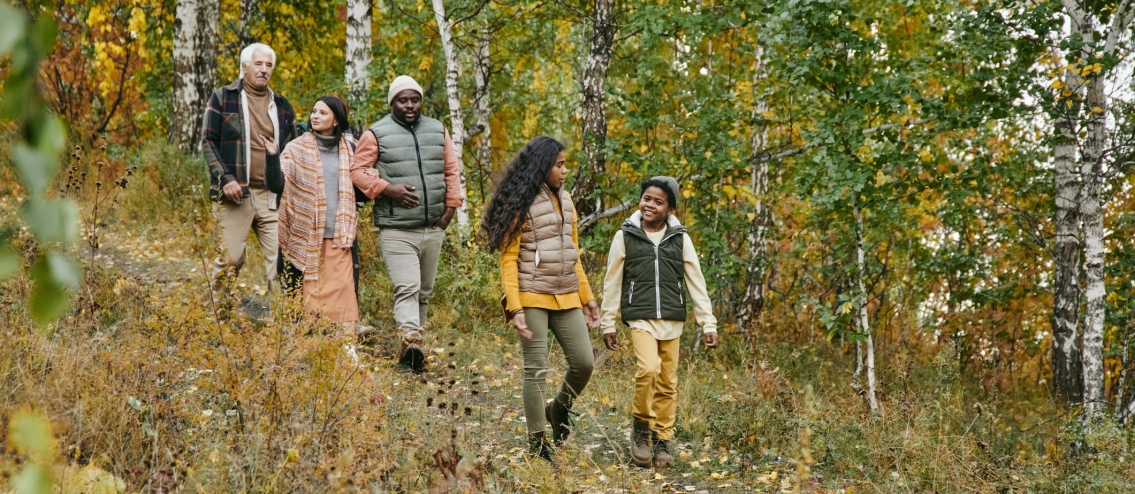 Family hiking in the forest