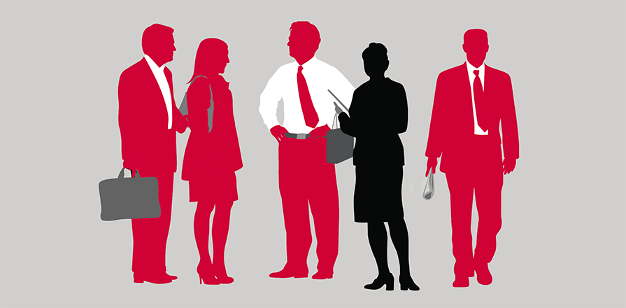 Illustration of five people. One of them is coloured distinctively.