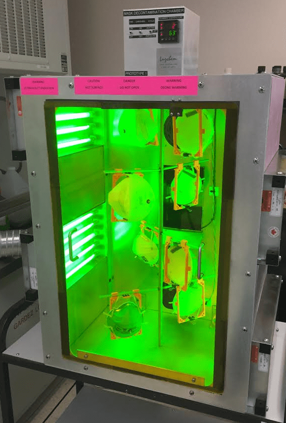 A photothermal device used to decontaminate used and potentially contaminated N95 surgical face masks.