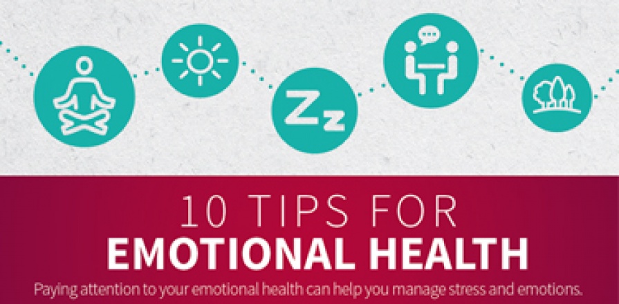 10 TIPS FOR EMOTIONAL HEALTH: Paying attention to your emotional health can help you manage stress and emotions. Practice Deep Breathing: Deep breathing relaxes your body and lowers your blood pressure and heart rate. Name Your Emotions: Naming your emotions helps you be more aware and decide how you will react. Try Not to Judge Your Emotions: Judging our emotions can make them seem worse. Know Your Emotional Triggers: Knowing what makes you angry, sad or anxious will help you be better prepared. Be More Mi