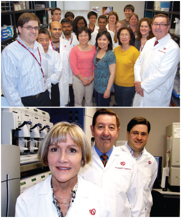 En haut : Avec les membres du personnel du Centre canadien de génétique cardiovasculaire Ruddy; En bas : Avec ses confrères découvreurs du variant 9p21, le premier facteur de risque génétique de maladie cardiovasculaire : Dre Ruth McPherson et Alexandre Stewart.